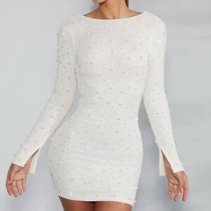 Oh Polly Pearl-Embellished White Long Sleeve Dress
